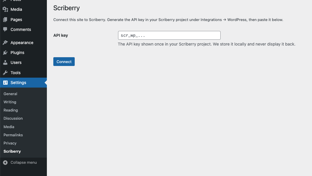 Wordpress paste key