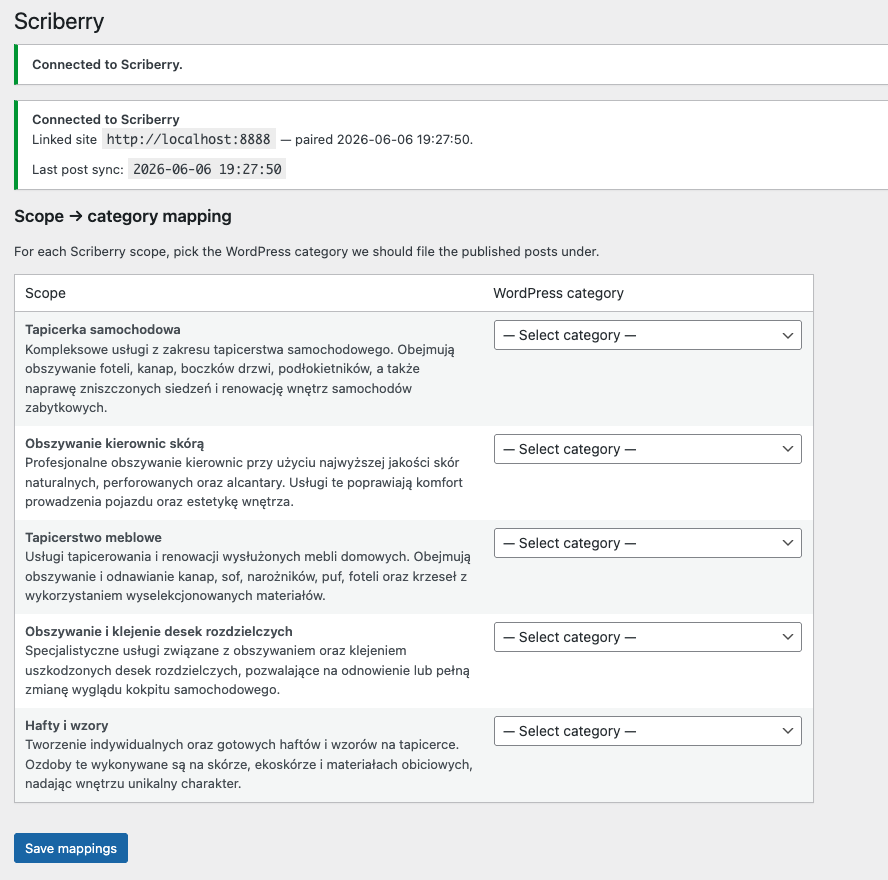 Wordpress scopes mapping